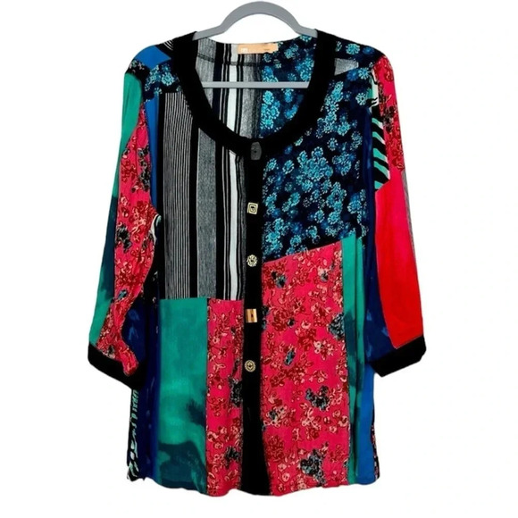 LA Cera Women’s L 3/4 Sleeve Patchwork Multi Color Button Up Tunic Top - Picture 1 of 10